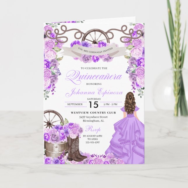 Lilac Western Charro Bi-Fold Quinceanera Invitation (Front)