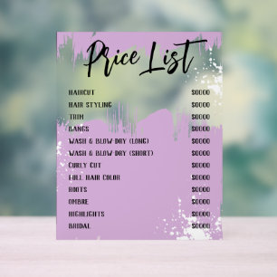 Lilac White Paint Spatter Chic Salon Price List Acrylic Sign