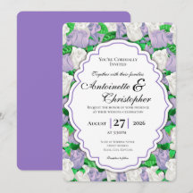 Lilac & White Rose Wedding Invite - Purple Border