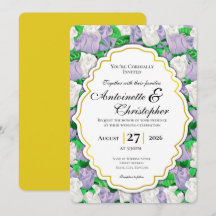 Lilac & White Rose Wedding Invite with Gold Border