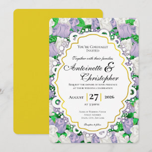 Lilac & White Rose Wedding Invite with Gold Border