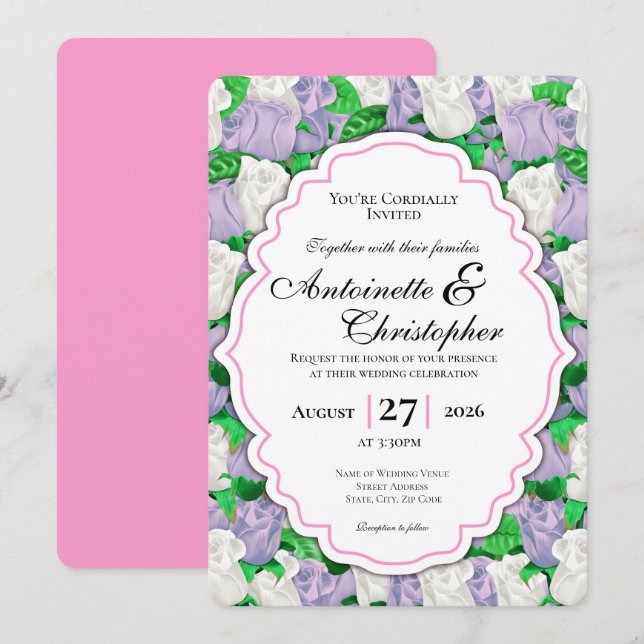 Lilac & White Rose Wedding Invite with Pink Border (Front/Back)