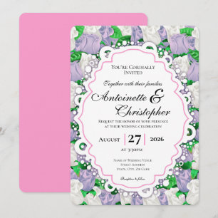 Lilac & White Rose Wedding Invite with Pink Border