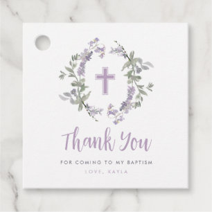 Lilac Wild Flower Wreath & Cross Baptism Thank You Favour Tags