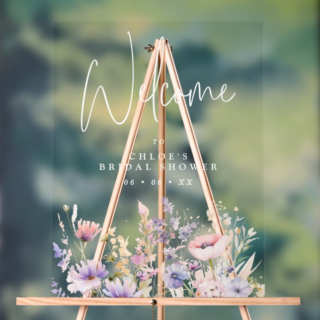 Lilac Wild Flowers Bridal Shower Welcome Acrylic Sign (Neutral)