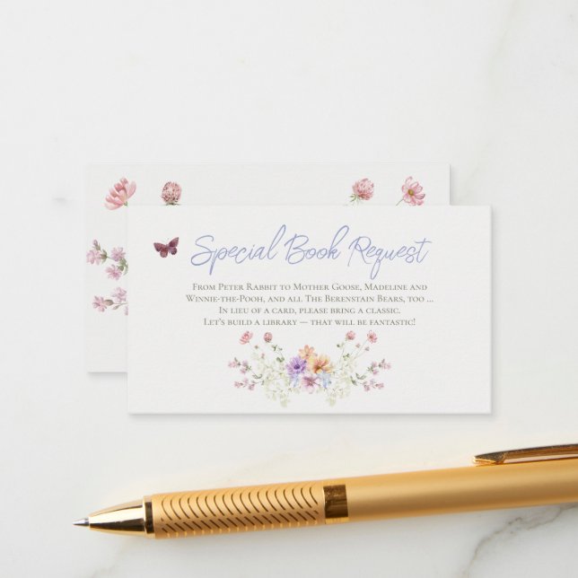 Lilac Wildflower Book Request for Baby Shower  Enclosure Card (Front/Back In Situ)
