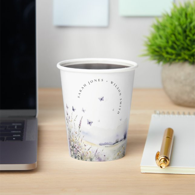 Lilac Wildflower Butterfly Field Landscape Wedding Paper Cups (Insitu)