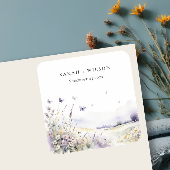 Lilac Wildflower Butterfly Field Landscape Wedding Square Sticker (Creator Uploaded)