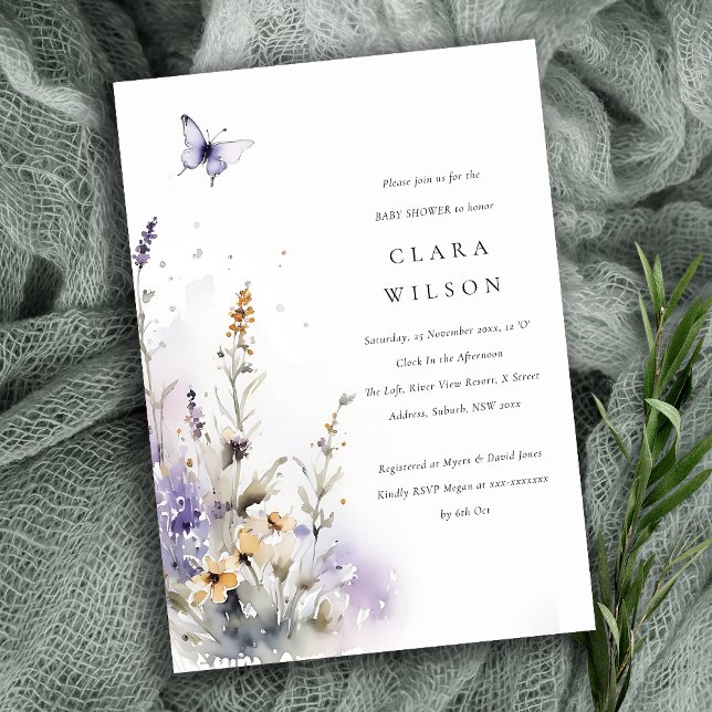Lilac Wildflower Butterfly Garden Baby Shower Invitation (Creator Uploaded)