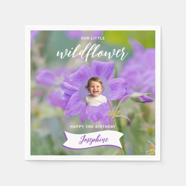 Lilac Wildflower Custom Baby Photo Happy Birthday Napkin (Front)