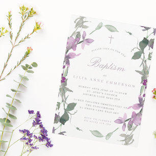 Lilac Wildflowers & Cross Baptism Invitation
