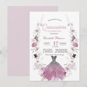 Lilac Wildflowers Glitter Dress Quinceanera Invitation