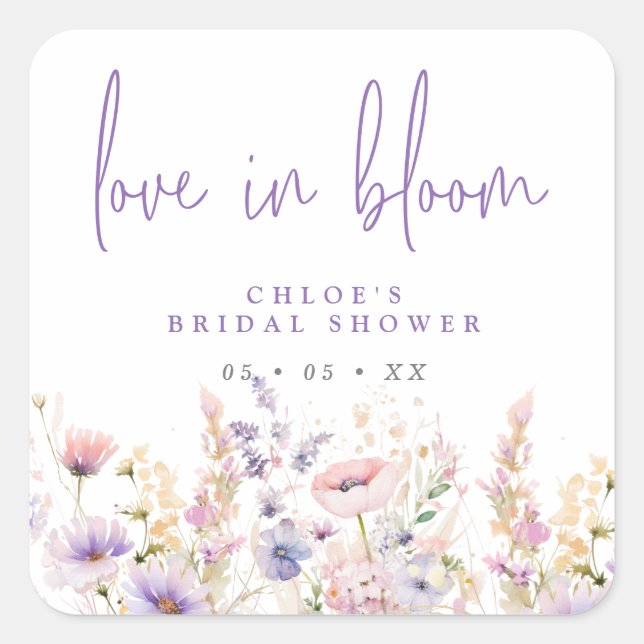 Lilac Wildflowers Love In Bloom Bridal Shower Square Sticker (Front)
