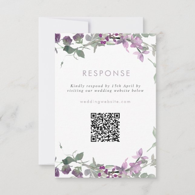 Lilac Wildflowers Wedding Website QR Code RSVP Card (Front)