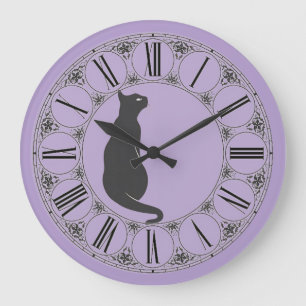 Lilac with Black Cat and Roman Numeral Face Large Clock