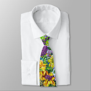 Lilac Yellow Blue Green Garden Flowers Pattern Tie