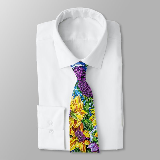 Lilac Yellow Blue Green Garden Flowers Pattern Tie (Tied)