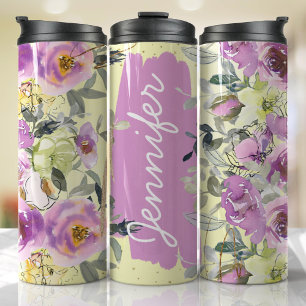 Lilac Yellow Floral Add Name Custom Gift Thermal Tumbler
