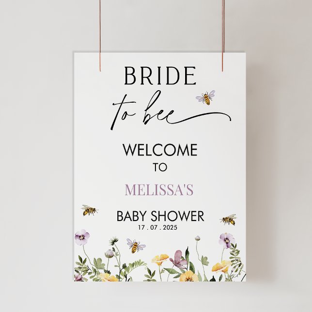 Lilac Yellow Floral Bee Bridal Shower Welcome Sign (Wildflowers Bride to Bee Bridal Shower Welcome Sign, Bee Themed Baby Shower Welcome Sign, Bride Bee)