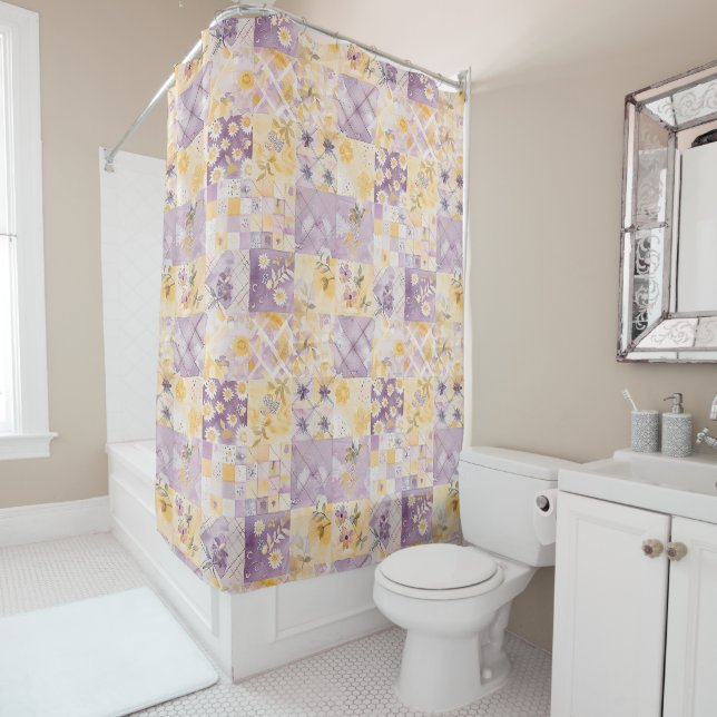 Lilac Yellow Patchwork Quilt Rustic Floral Retro  Shower Curtain (In Situ)
