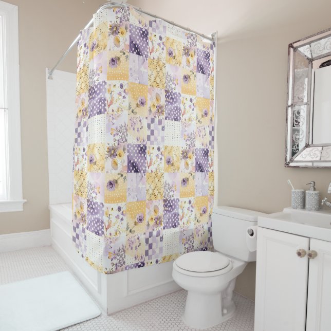 Lilac Yellow Patchwork Quilt Rustic Floral Retro  Shower Curtain (In Situ)