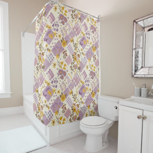 Lilac Yellow Patchwork Quilt Rustic Floral Retro  Shower Curtain (In Situ)