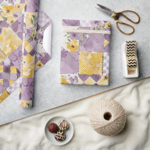 Lilac Yellow Quilt Gingham Cottagecore Floral Wrapping Paper