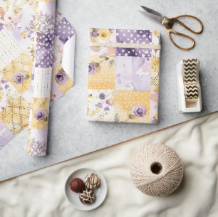 Lilac Yellow Quilt Gingham Cottagecore Floral Wrapping Paper