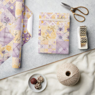 Lilac Yellow Quilt Gingham Cottagecore Floral Wrapping Paper