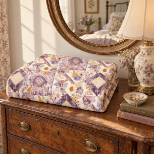 Lilac Yellow Quilt Patchwork Gingham Cottagecore Fleece Blanket