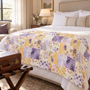 Lilac Yellow Quilt Patchwork Gingham Cottagecore Fleece Blanket