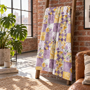 Lilac Yellow Quilt Patchwork Gingham Cottagecore Fleece Blanket