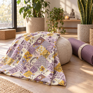 Lilac Yellow Quilt Patchwork Gingham Cottagecore Fleece Blanket
