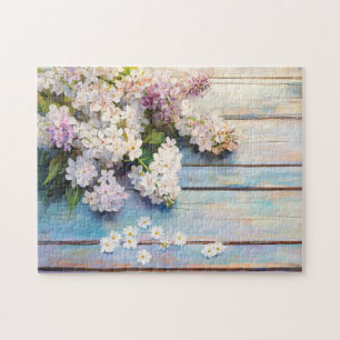 Lilacs and Daisies on Pastel Wood Jigsaw Puzzle