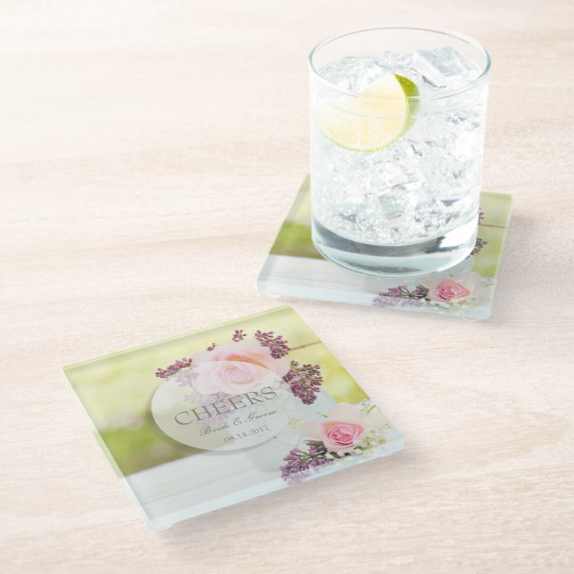 Lilacs and Roses Vintage Wedding Cheers Glass Coaster (Angled)