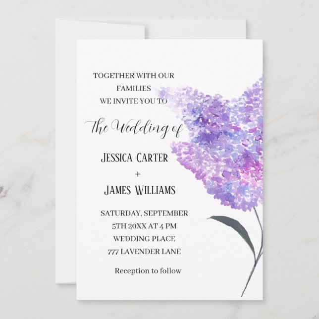 Lilacs Floral Watercolor Rustic Elegant Wedding Invitation (Front)