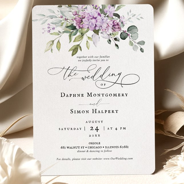 Lilacs Greenery Script Wedding Invitation Purple (Creator Uploaded)