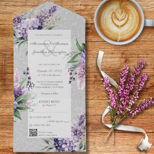 Lilacs & Heather on Grey with QR Code  All In One Invitation