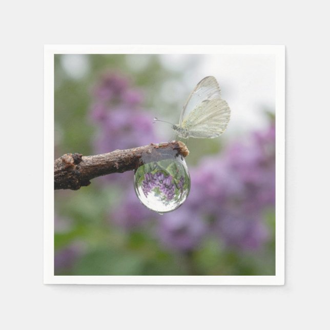 Lilacs Reflecting in a Raindrop with Butterfly Napkin (Front)