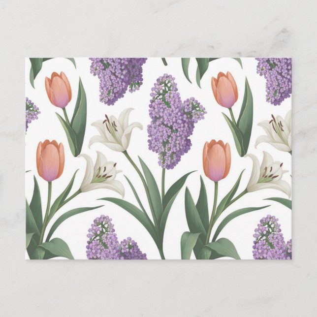 Lilacs Tulips Lilies Flower Pattern Postcard (Front)