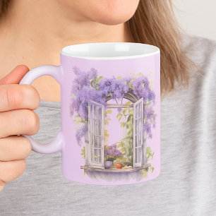 Lilacs window flowers lavender monogram coffee mug