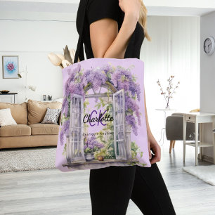 Lilacs window flowers pink monogram tote bag
