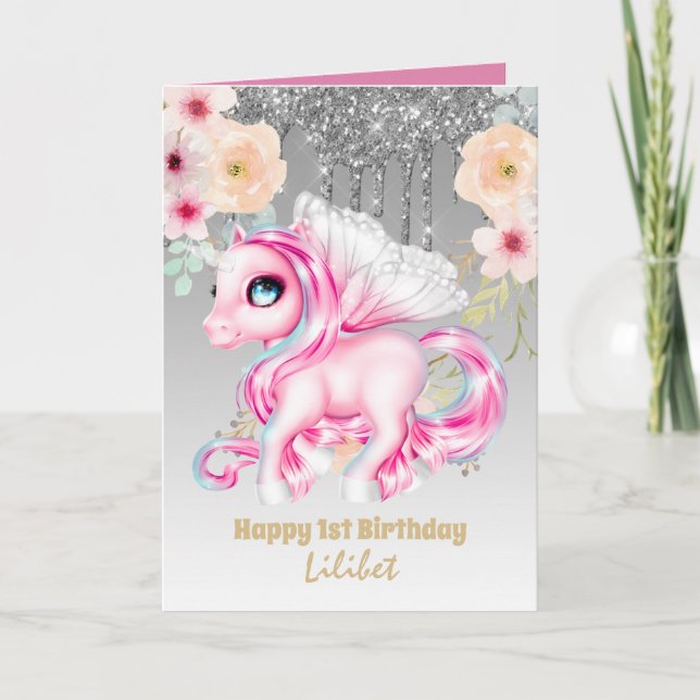 Lilibet 1st Birthday Cards - Princess Unicorns (Front)