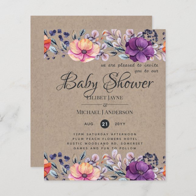 Lilibet Baby Shower Invite - Rustic Orange Purple (Front/Back)