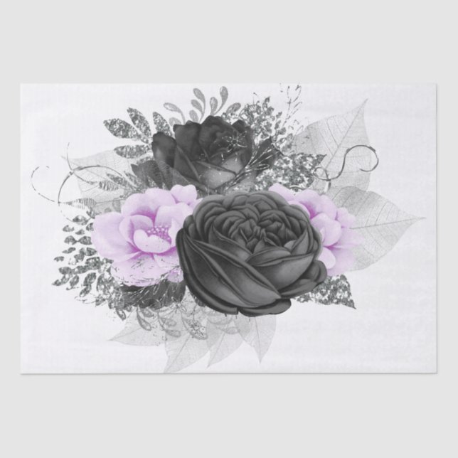 Lilic Black Silver Floral Bouquet Decoupage Tissue Paper (Front)