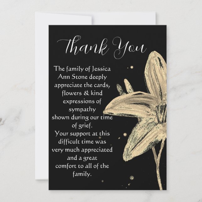 Lilies Black Floral Funeral Death Thank you  Invitation (Front)