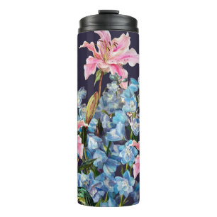 Lilies, delphiniums border: watercolor painting. thermal tumbler