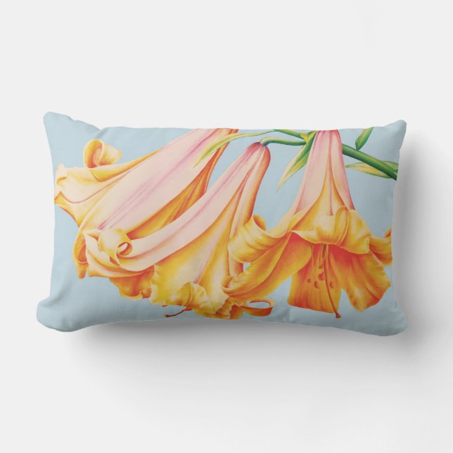 Lilies fine art painting on blue lumber pillow (Front)