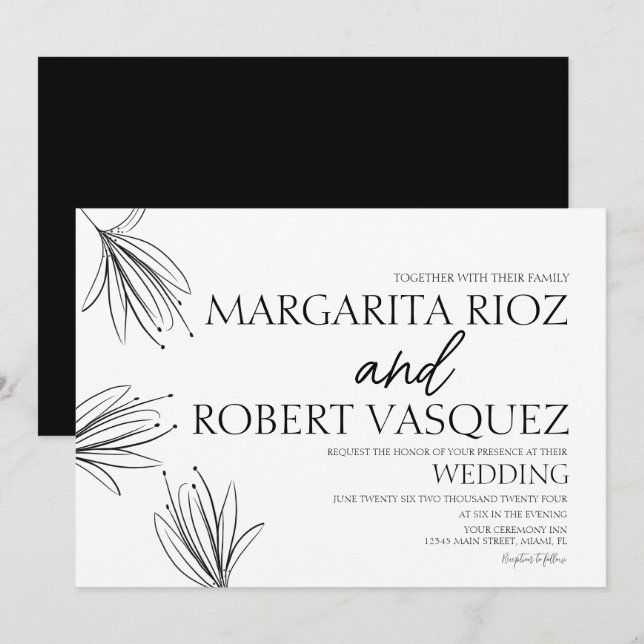 Lilies Hand Drawn Elegant Script Wedding Invitation (Front/Back)