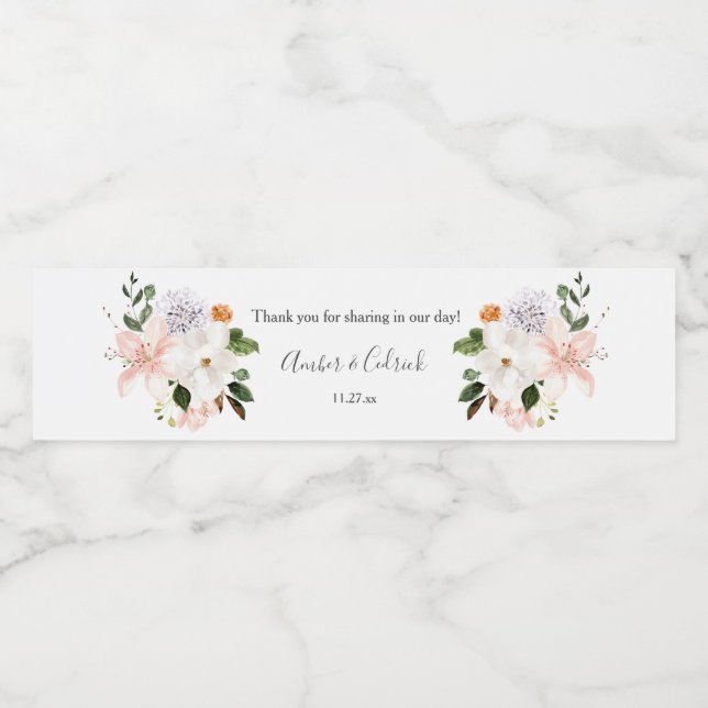 Lilies, Magnolias, Roses Floral Wedding Water Bottle Label (Single Label)